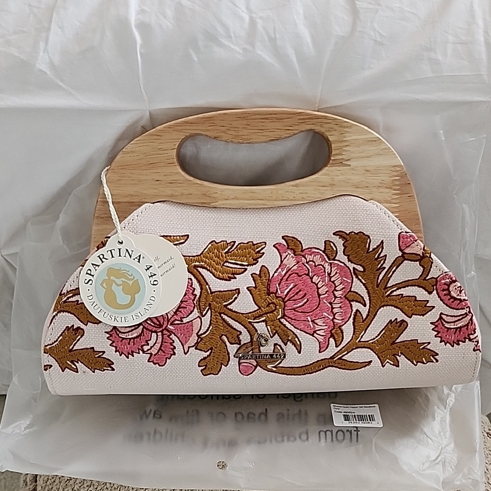 Spartina 449 Pink Floral Embroidered Wood-Handle Clutch